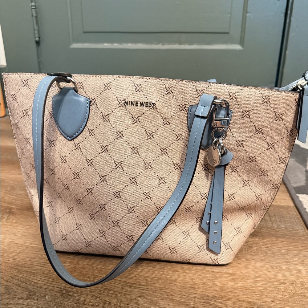 Nine West Beige Tote with Light Blue Trim and Charms